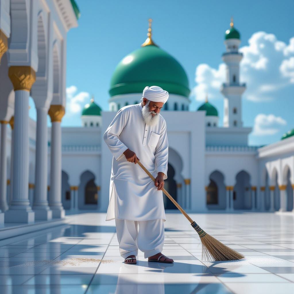 Man Sweeping Mosque in 3D Style