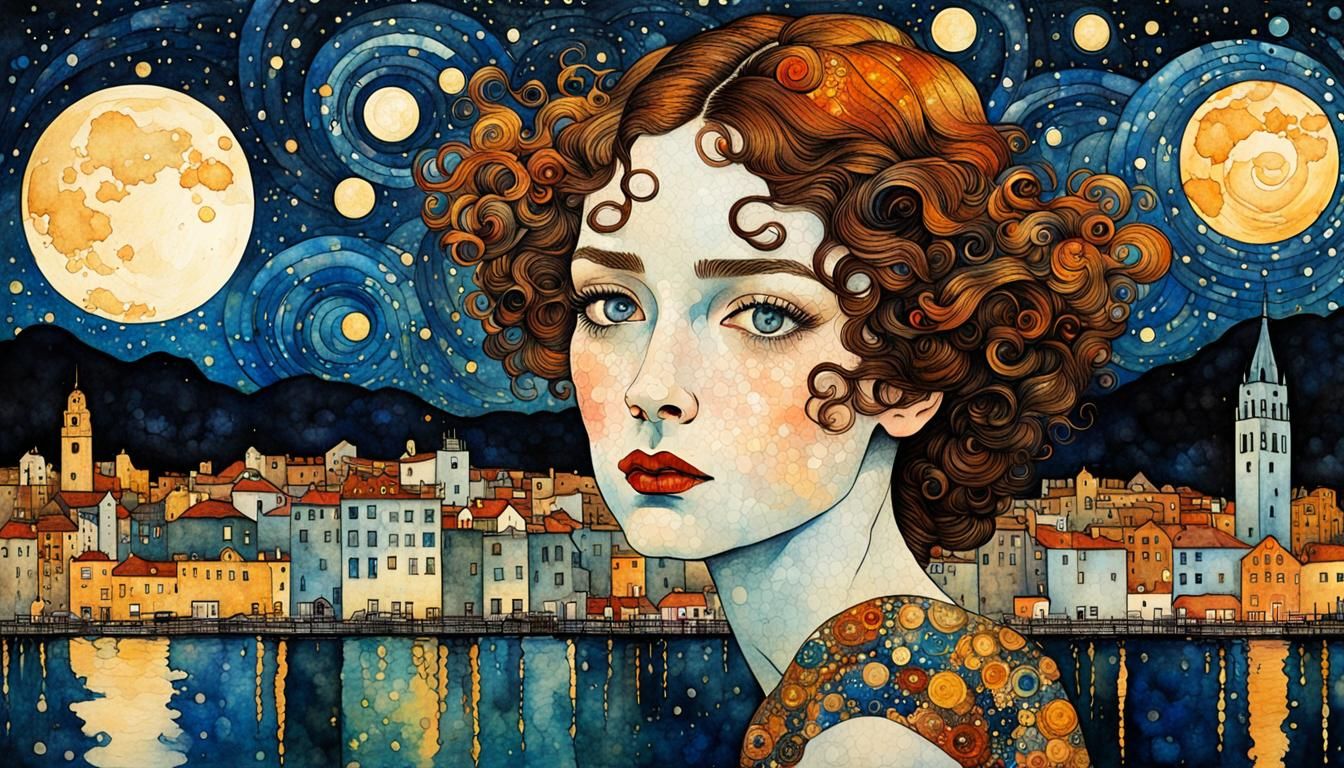 Art Deco Portrait of a Lady in Starry Night