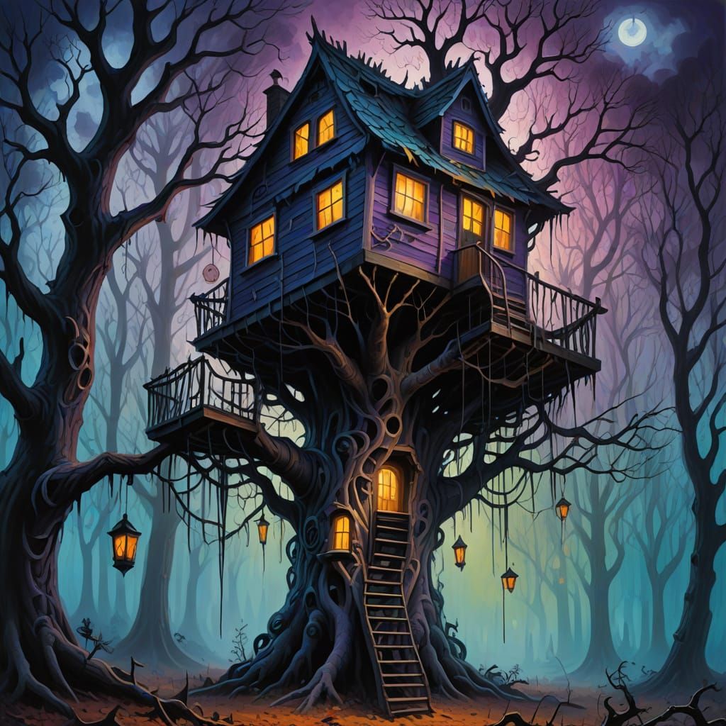 Surrealistic Treehouse of Horrors in Vibrant Oil Painting
