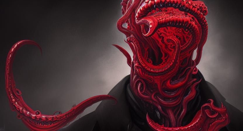 Lovecraftian Demon in Black Suit on Marble Throne