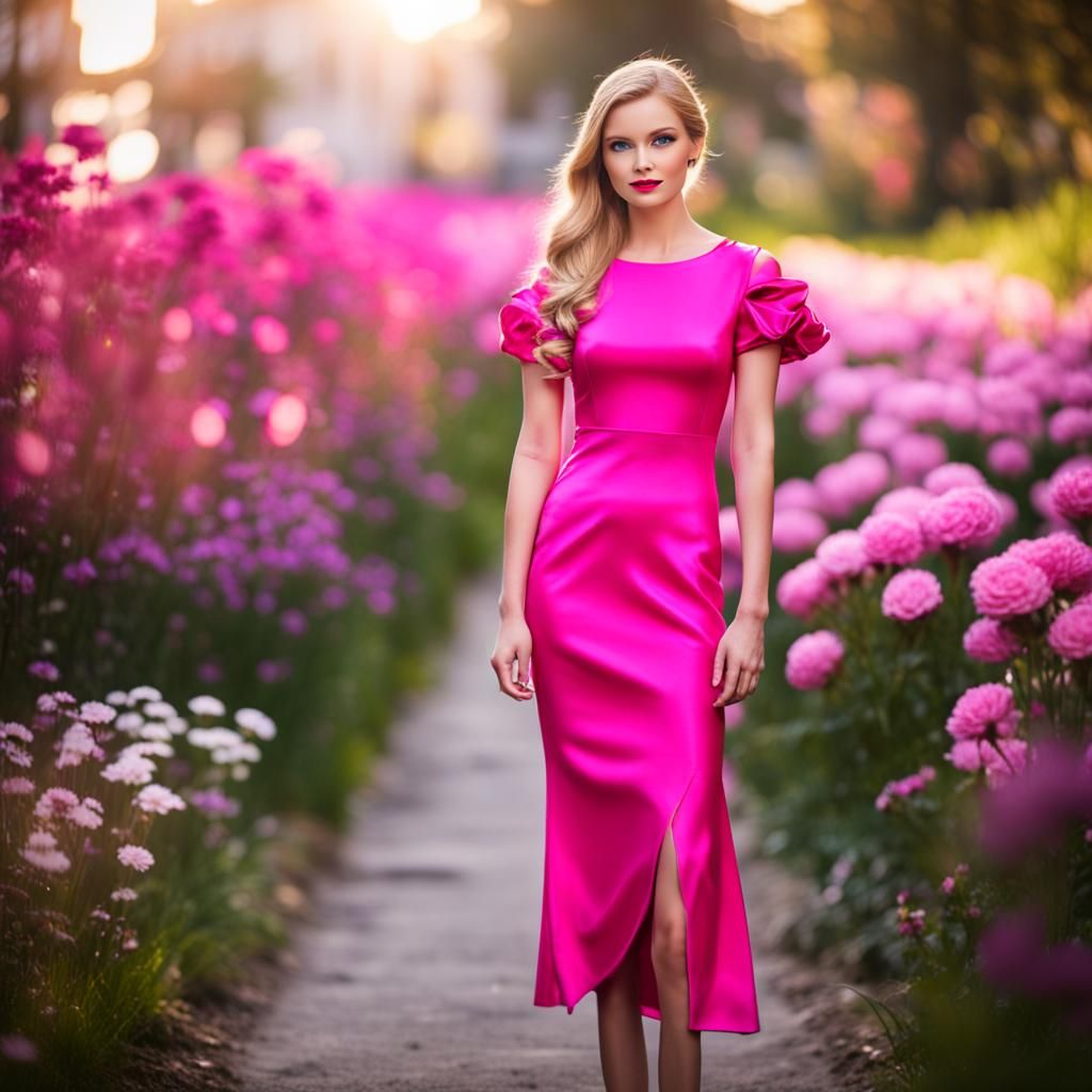 Scandinavian Woman in Pink Silk Dress, Professional Photogra...