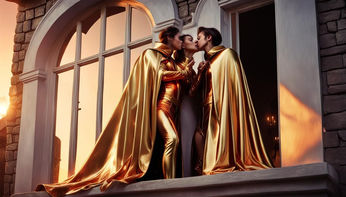 Royal Lovers Kiss in Sunset, Detailed Matte Painting