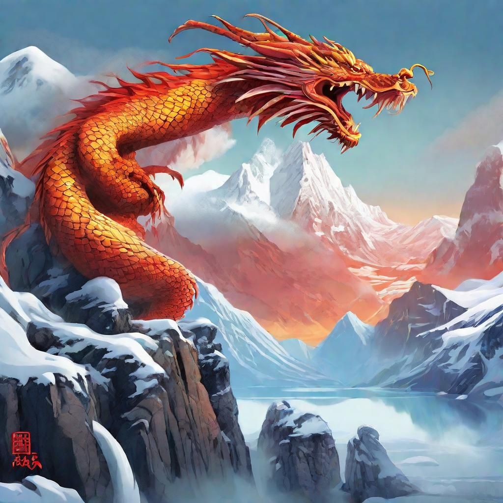 Epic Chinese Dragon on Snowy Mountain Peak