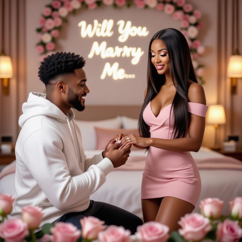 Romantic Proposal Scene in Rose-Adorned Hotel Room