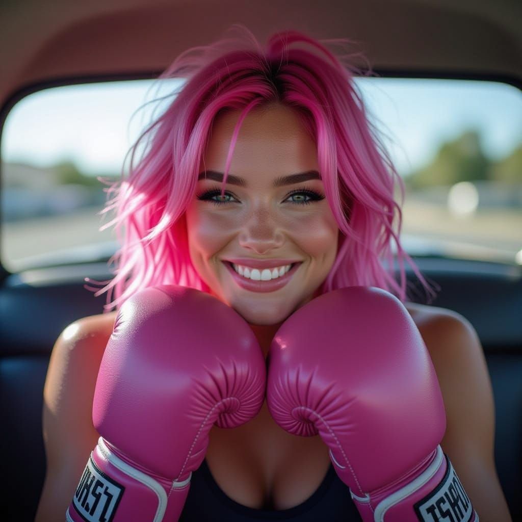 Pink Haired Boxer Smiles in Car, Cinematic Film Still