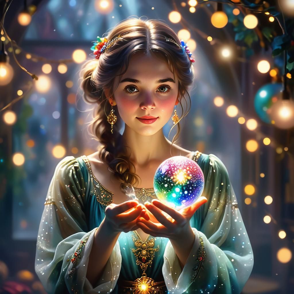 Enchanting Woman Holding Sparkle Ball, Digital Art