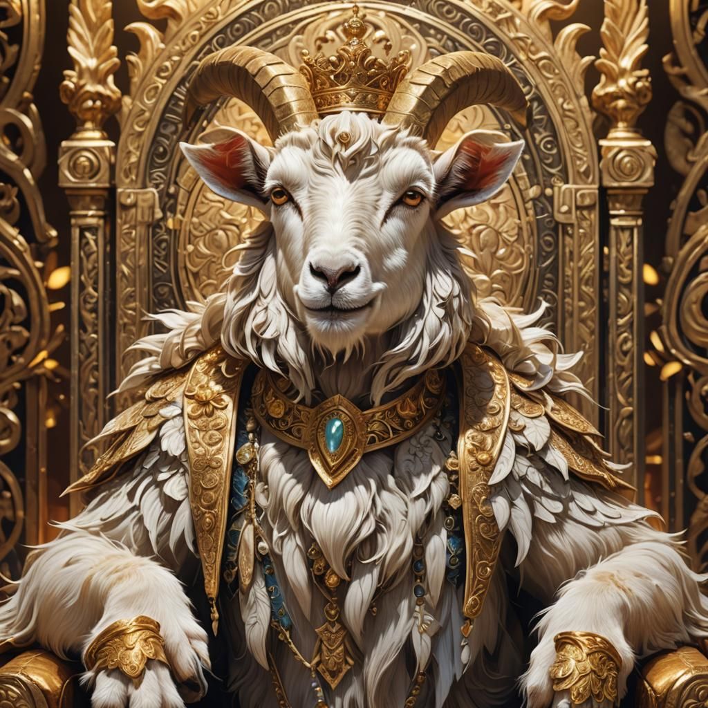 Crowned Goat King on Throne: Anime-Style Art