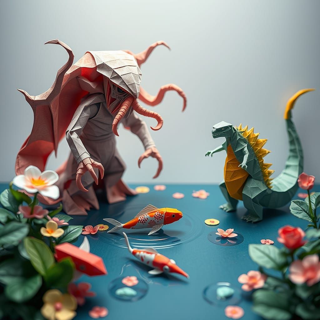 Origami Cthulhu Battles Godzilla in Koi Pond
