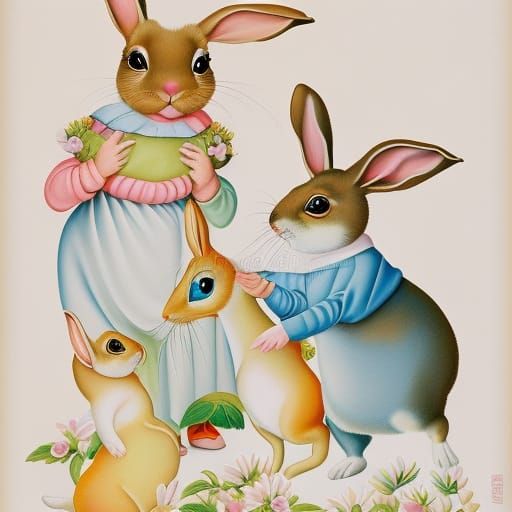 Happy Rabbit Family: Whimsical Illustration in Pastel