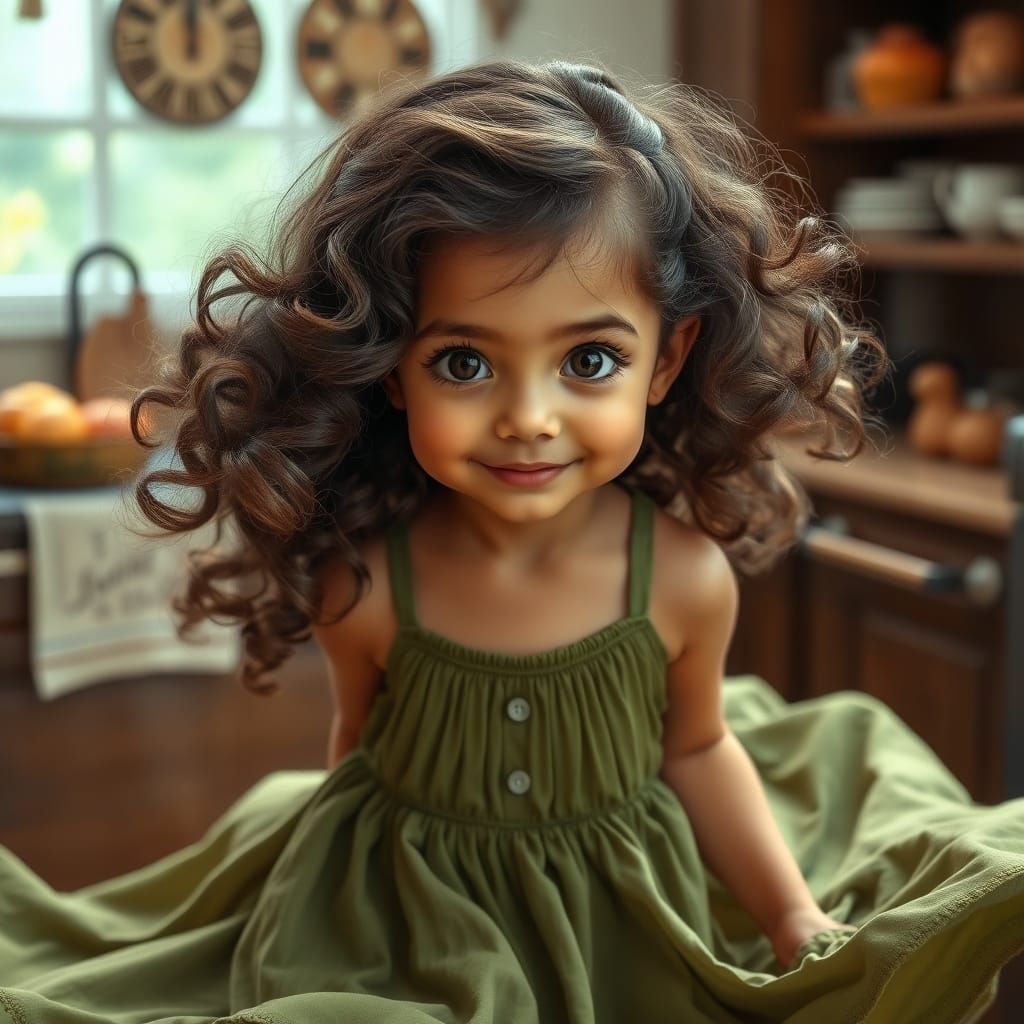 Vibrant Young Girl in Olive Green Dress with Golden Brown Sk...