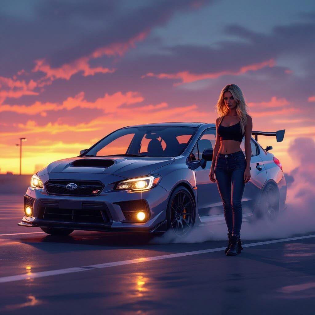 Subaru WRX STI in Sunset, Digital Art Style