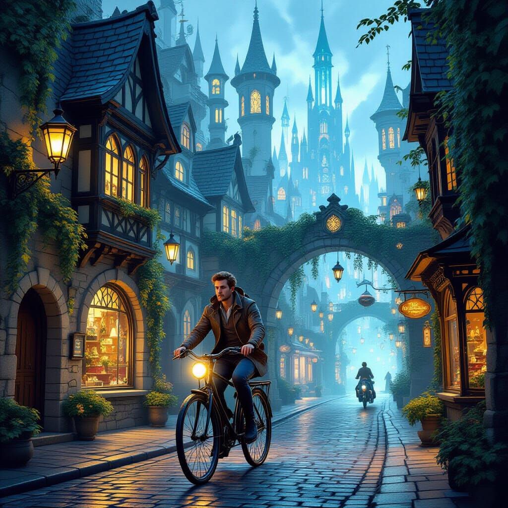 Magical City Cyclist Approaches Enchanted Lane