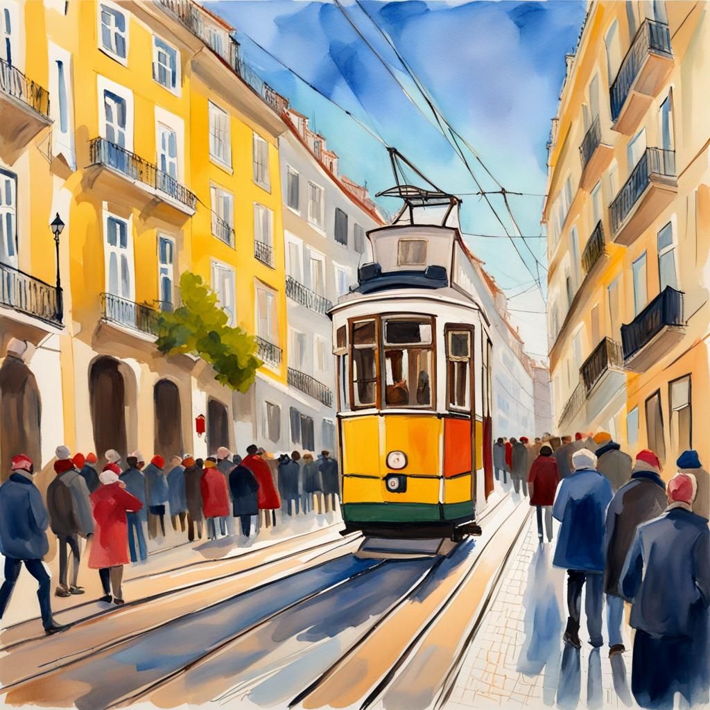 Lisbon Christmas Tram in Gouache Style