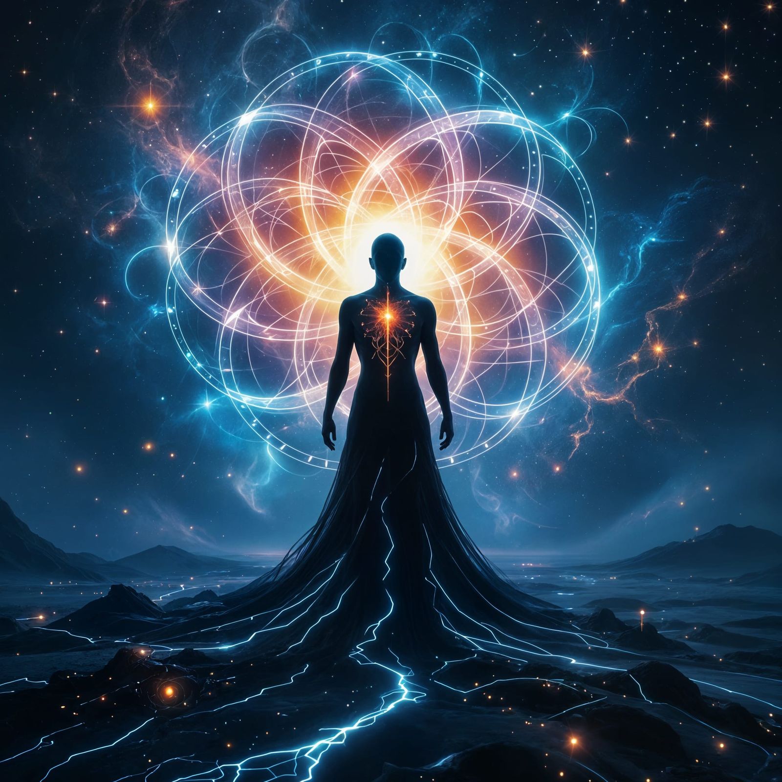 Bioluminescent Human Figure in Cosmic Genesis