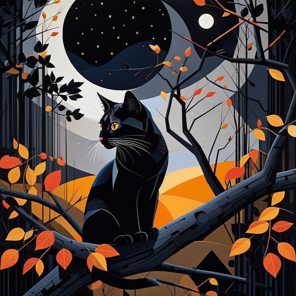 Abstract Geometric Cat in Moonlight, Charley Harper Style