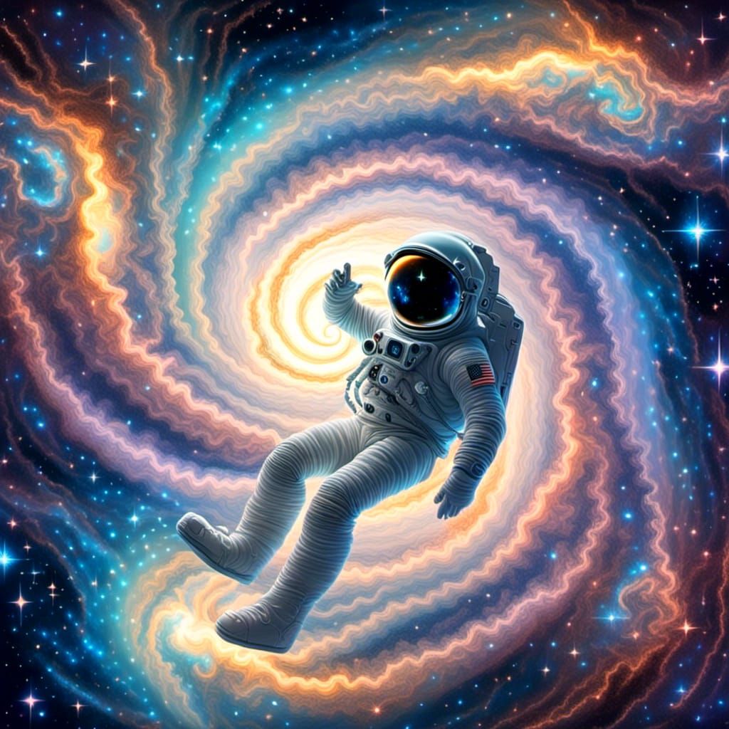 Astronaut Floating in Space Swirl Reflection