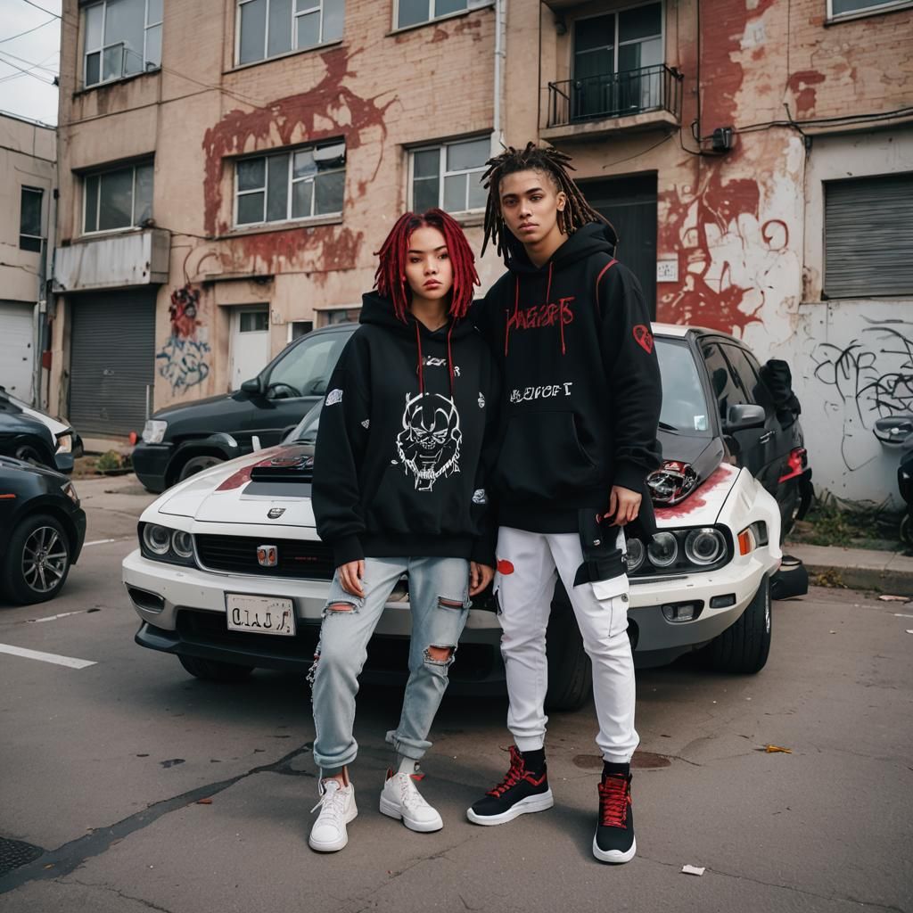 Cyberpunk Anime Couple by Car in Neon City