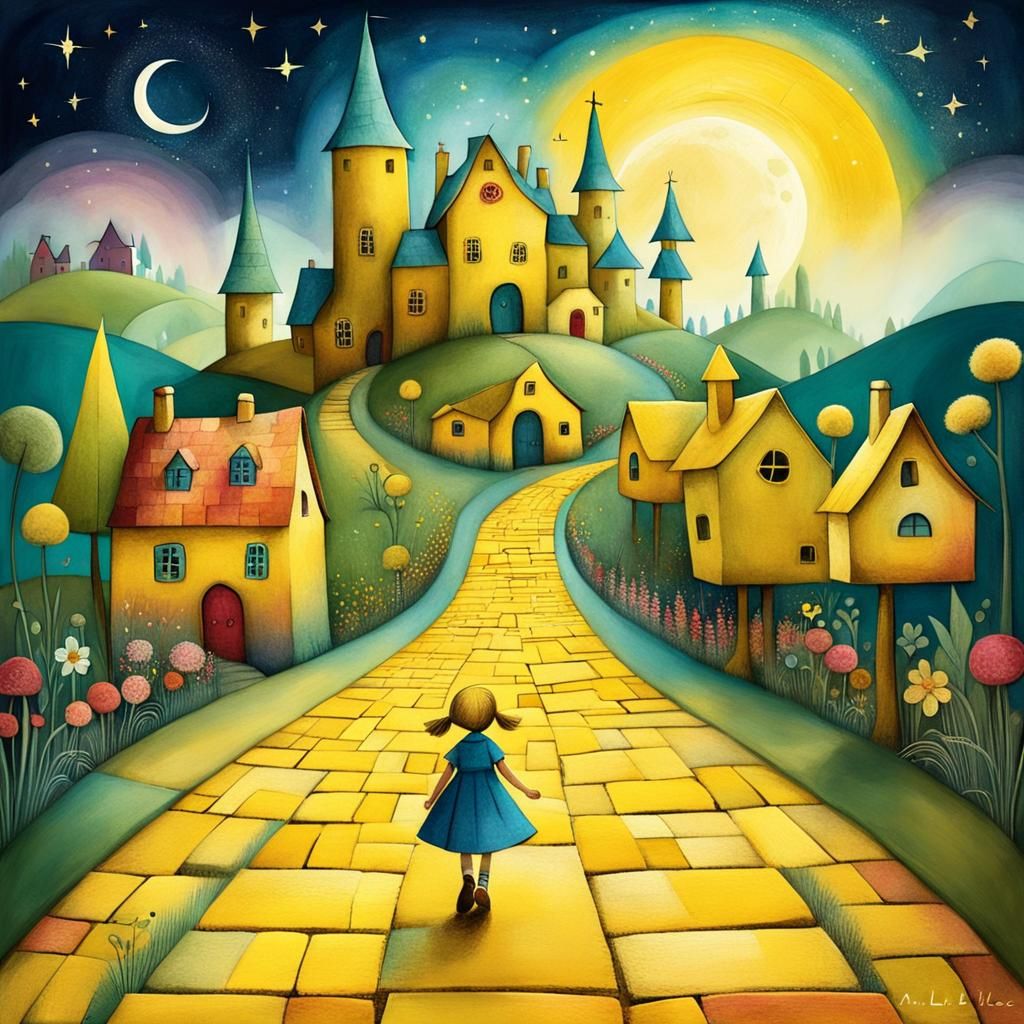 Whimsical Yellow Brick Road Dreamscape in Abstract Style