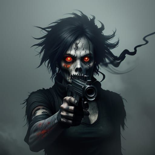 Zombie Woman Shoots Shotgun in Fog