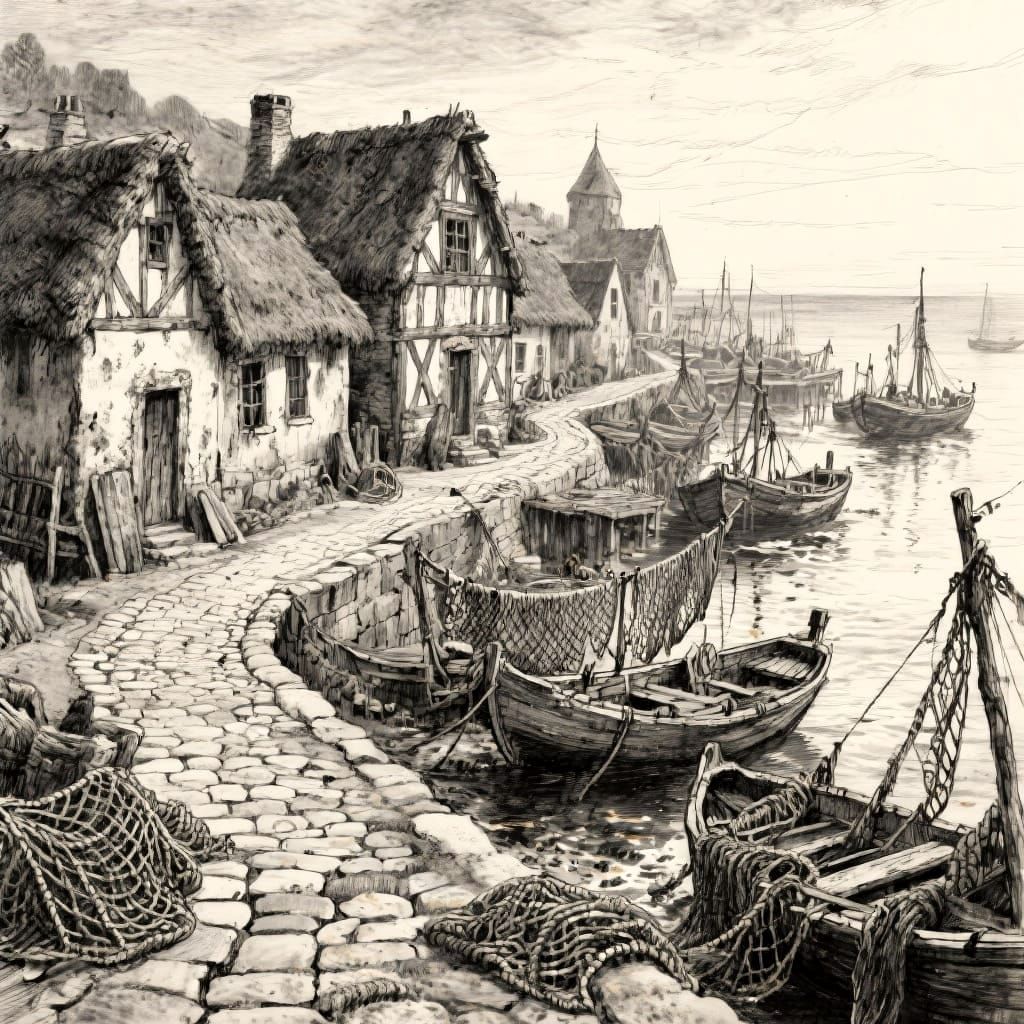 Medieval Fishermen Village Charcoal Sketch