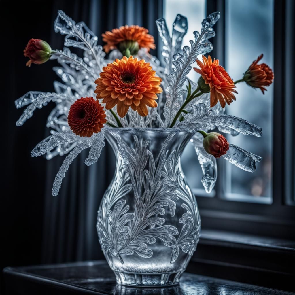 Icy Flower Vase: Hyperrealistic HDR Image