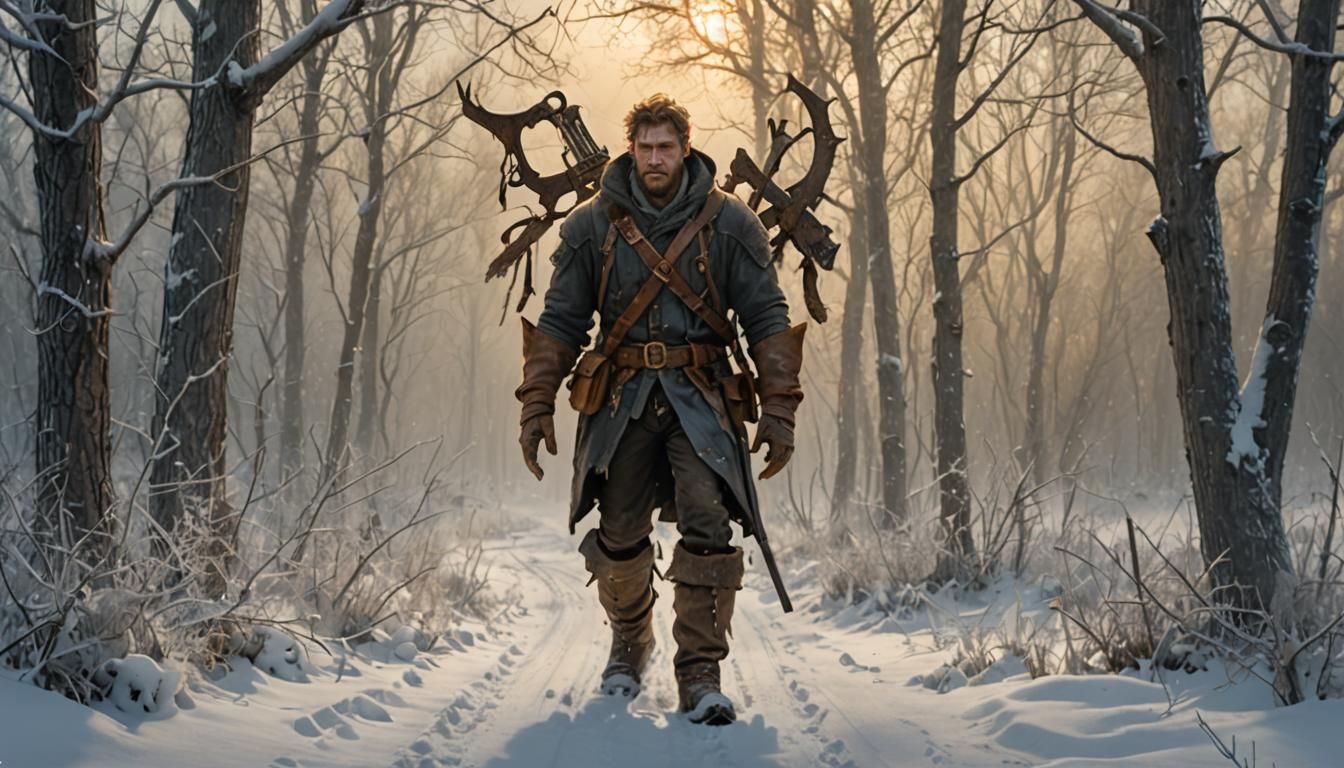 Frostbitten Hunter in Icy Wilderness: Digital Art