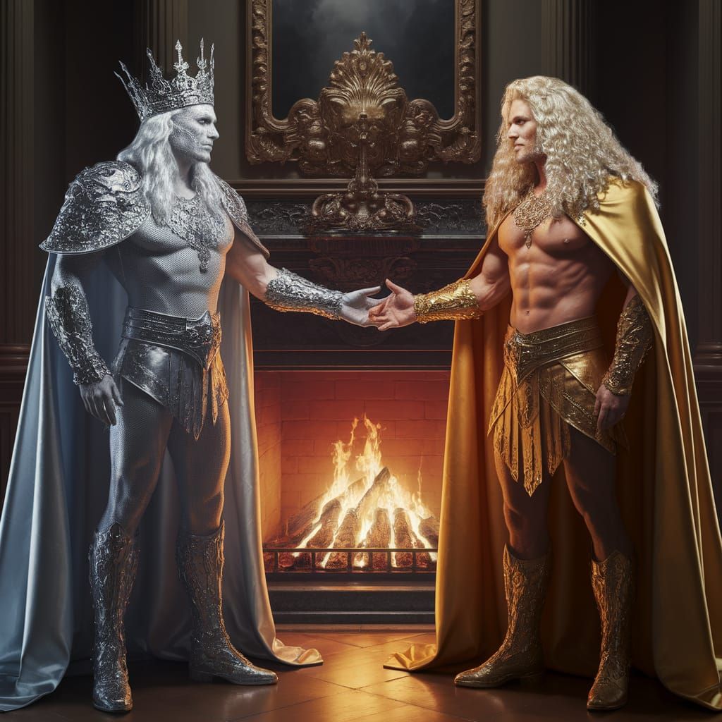 Regal Silver King with Fiery Companion by Grand Fireplace
