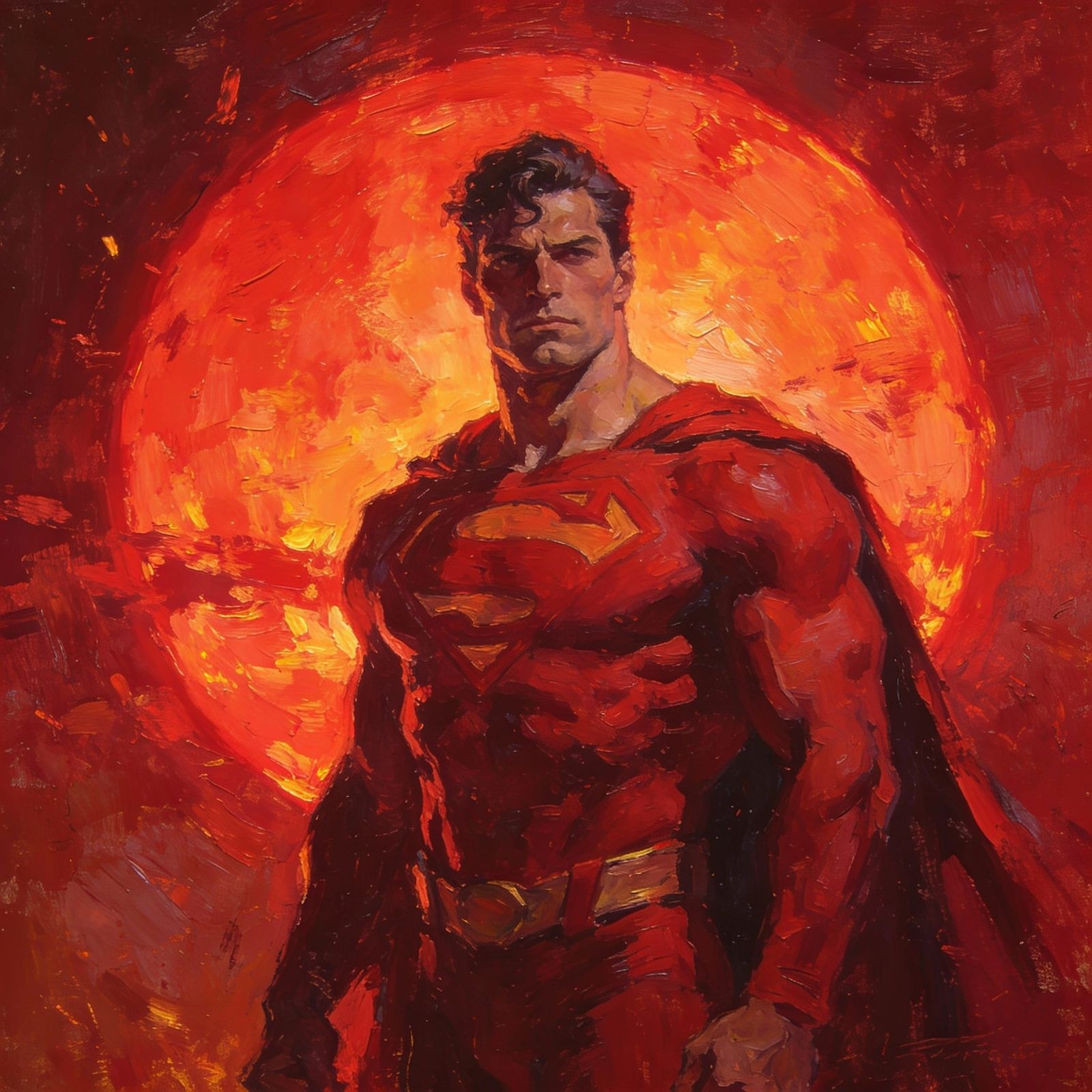 Expressionist Superman in Red Before Fiery Sun