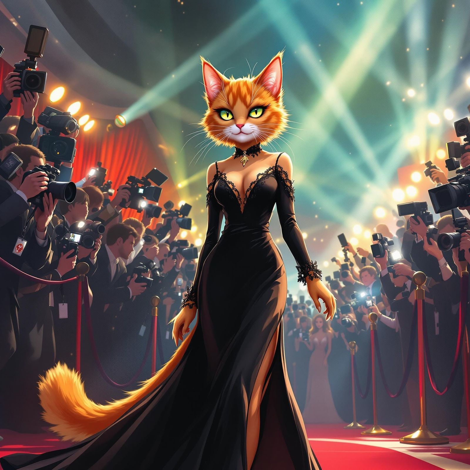 Glamorous Catgirl Struts Red Carpet in Anime-Inspired Scene