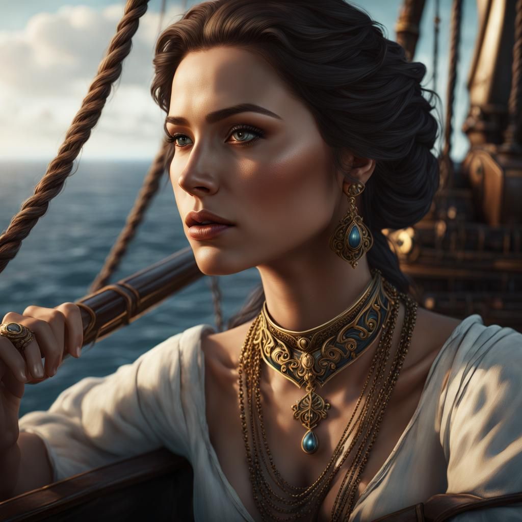 Woman on Corsair Ship Gazing at Horizon