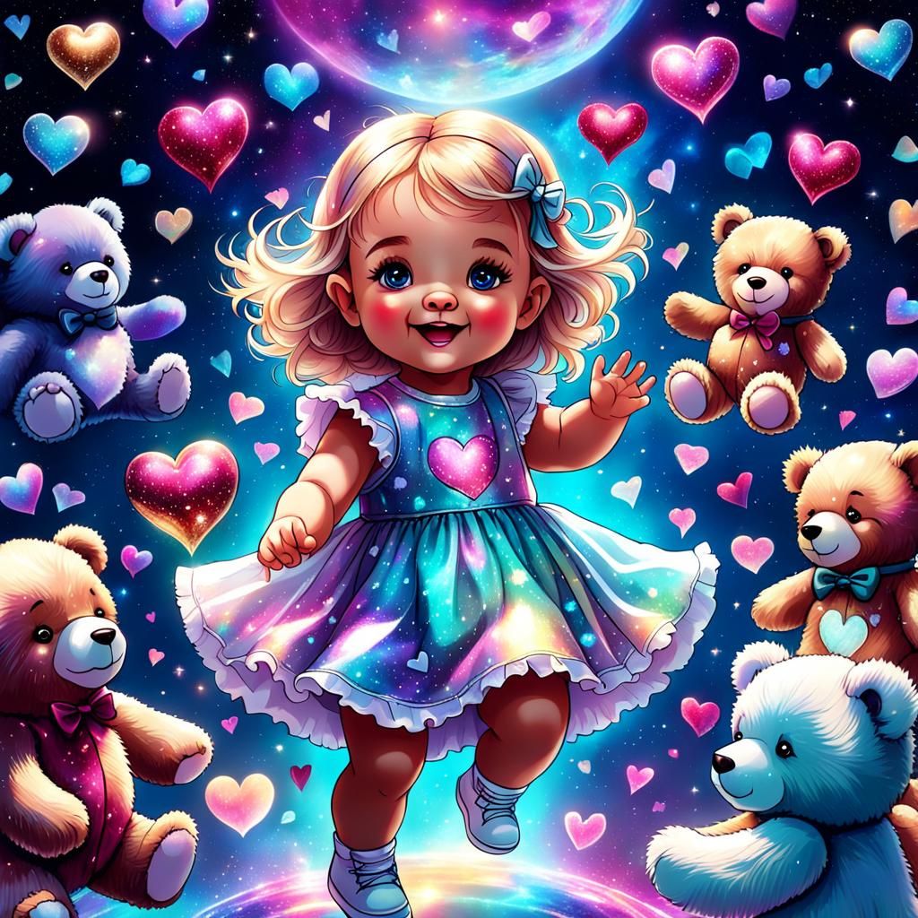 Baby Girl Playing with Teddy Bears: Cosmic Illustration