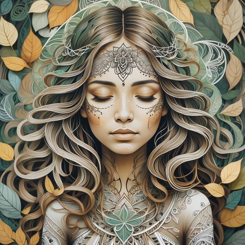 Meditative Zentangle Woman Portrait in Mystical Forest