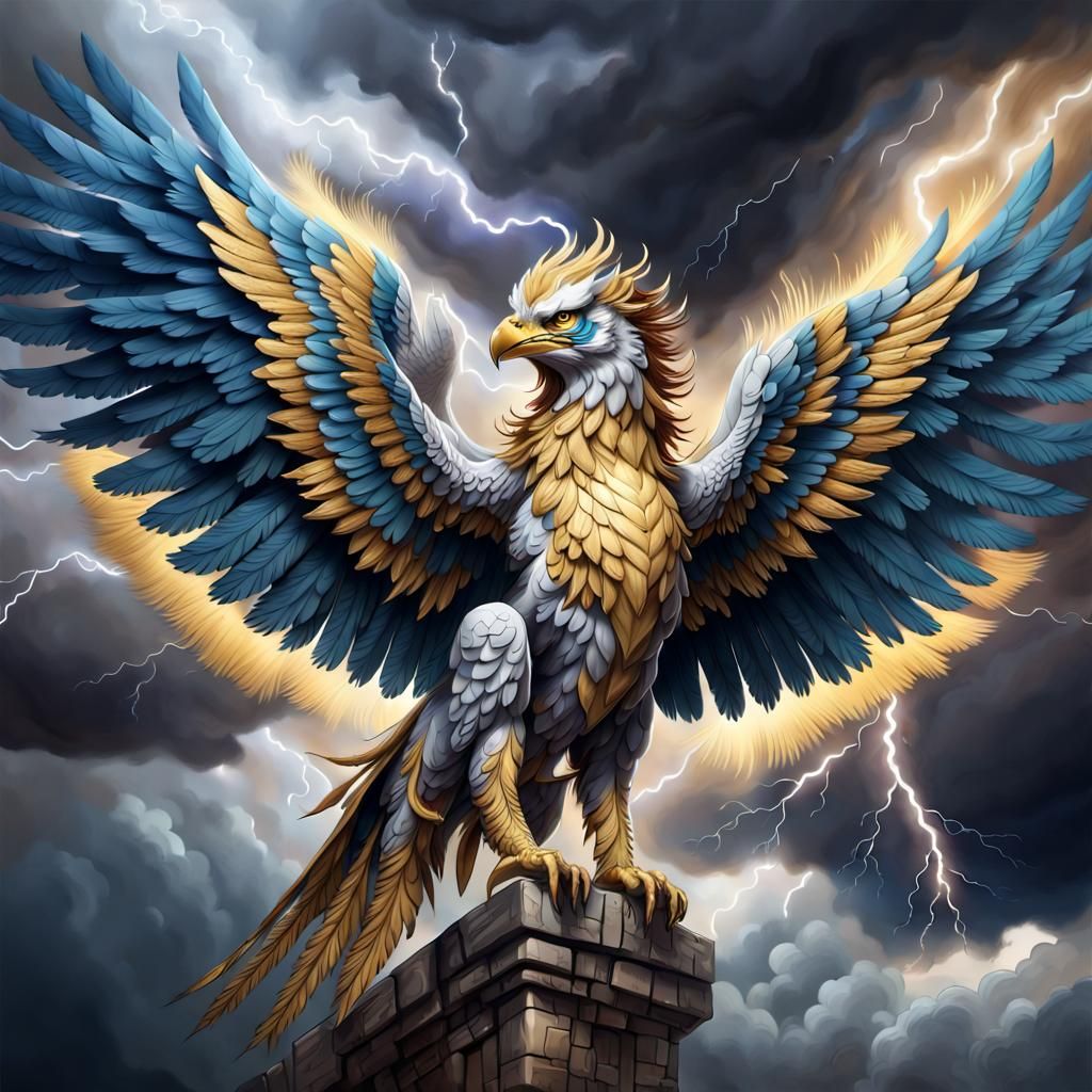 A majestic griffin with golden feathers and piercing blue ey...