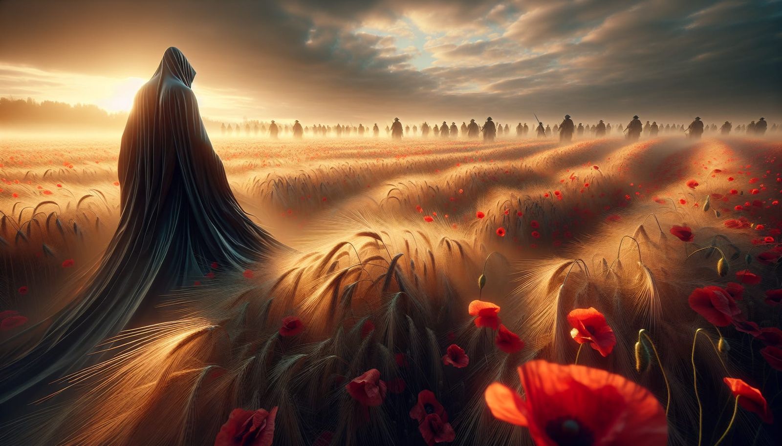 Grim Reaper Walks Through Poppy Field with WWI Ghosts
