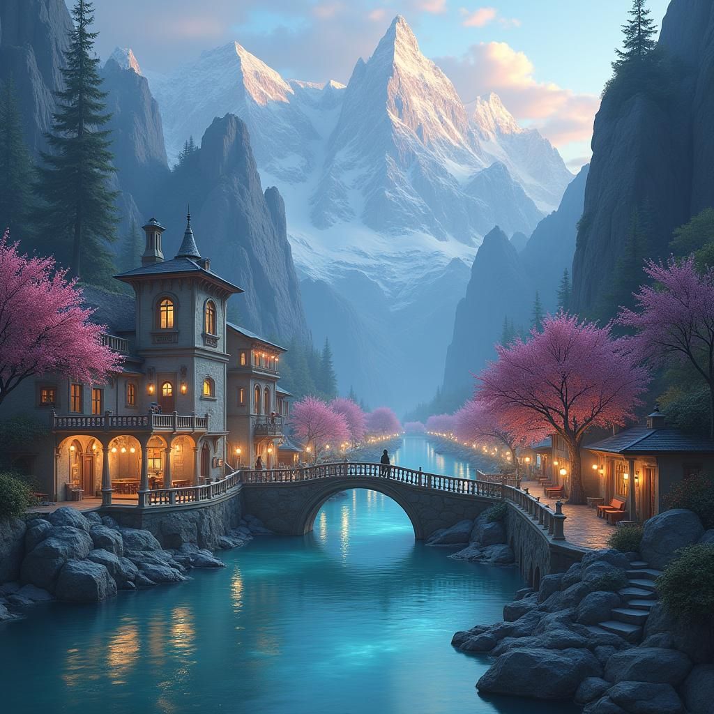 Ethereal Fae City Amidst Snowy Peaks