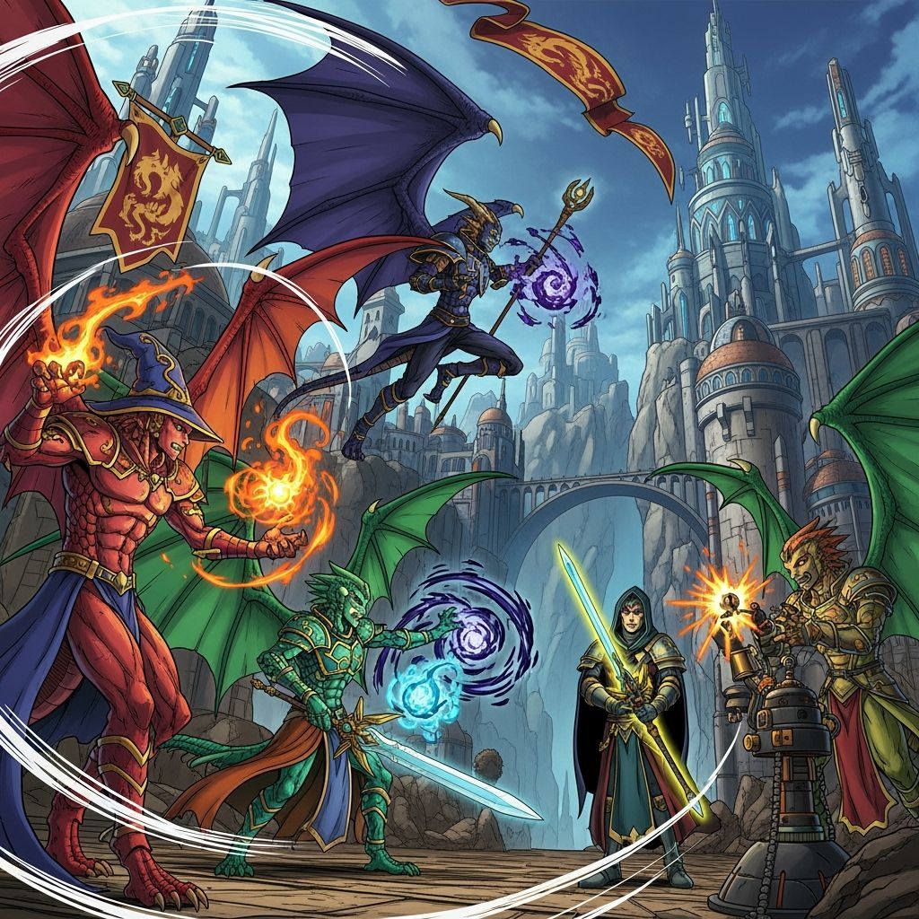 Draconic Humanoids Practicing Sorcery in Opulent City