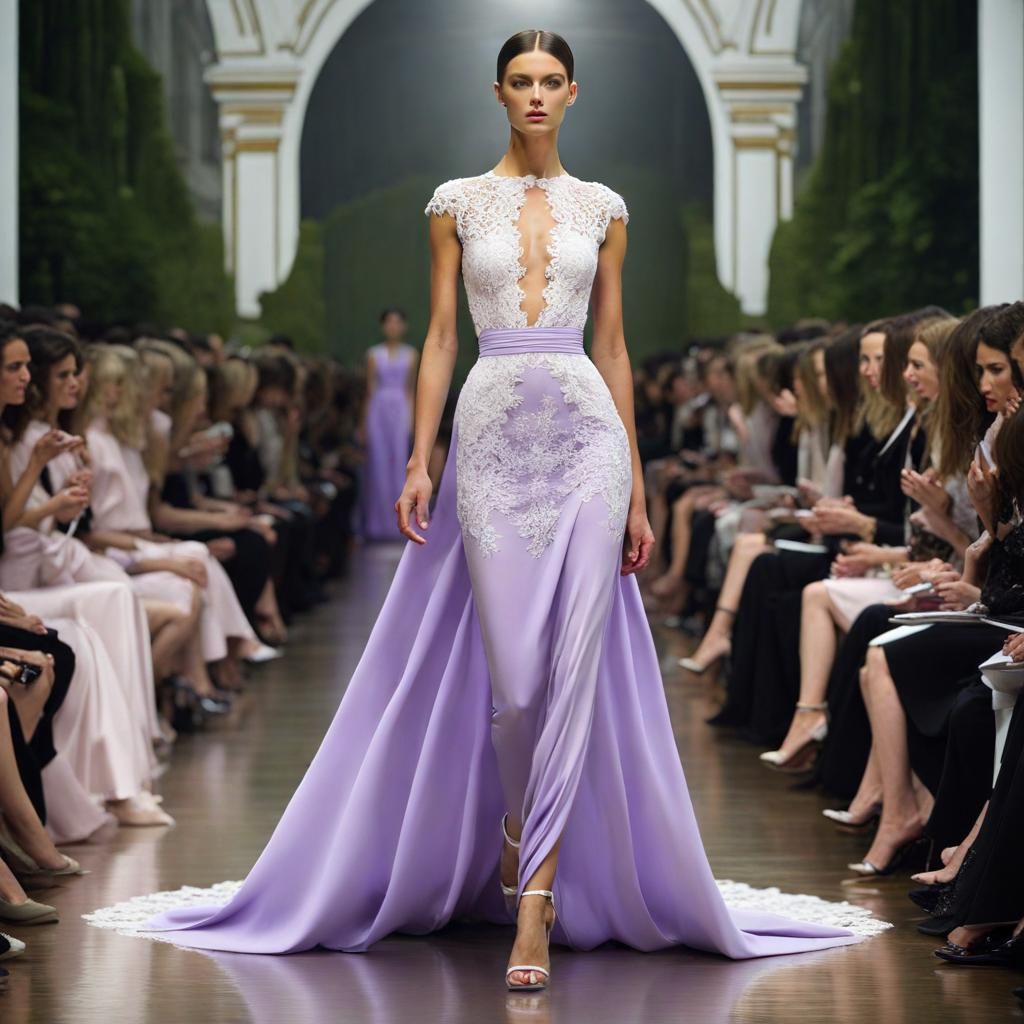 Model's runway with a French model, wearing a haute-couture long elegant dress.
