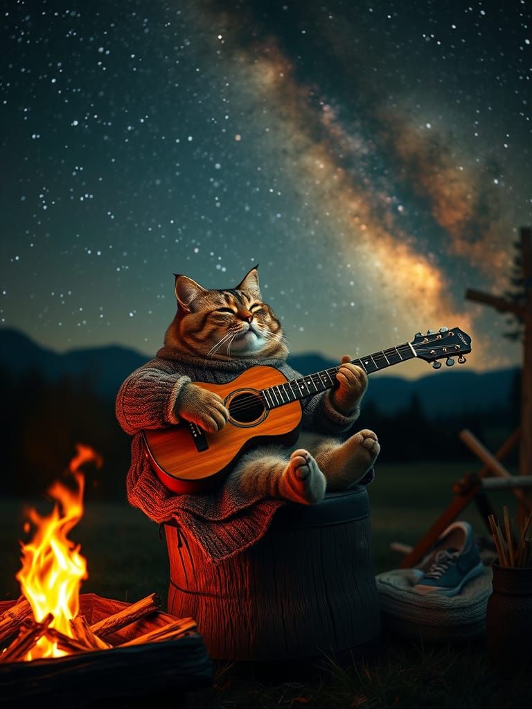 Whimsical Cat Plays Guitar under Starry Night Sky
