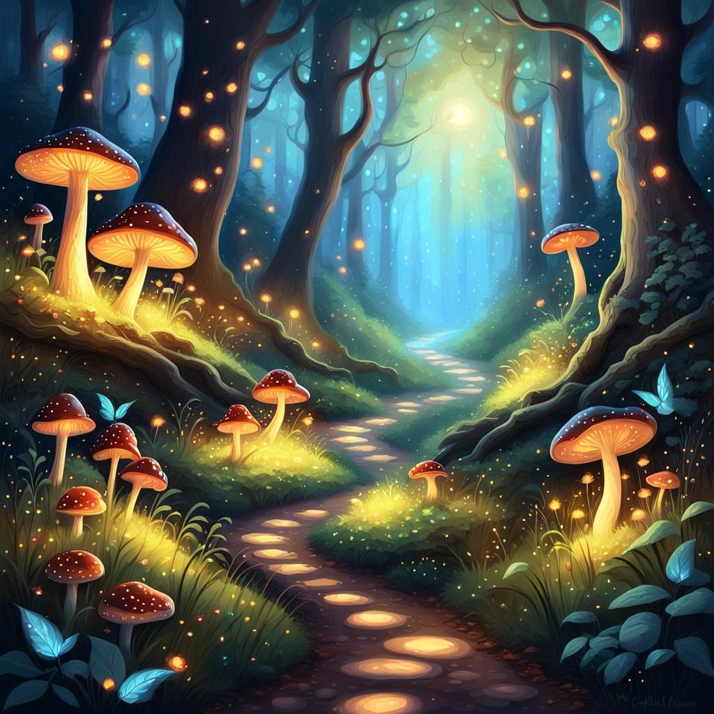 Mystical Forest Path with Glowing Fireflies
