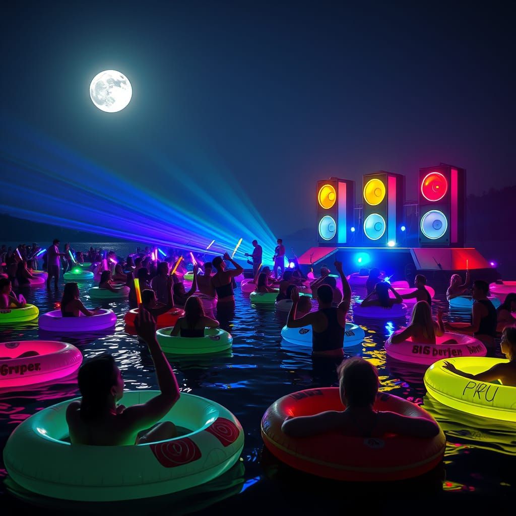 Psychedelic Floating Concert on Moonlit Lake