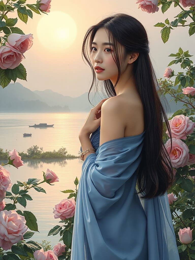Ethereal Korean Woman in Blue Saree in Rose Garden