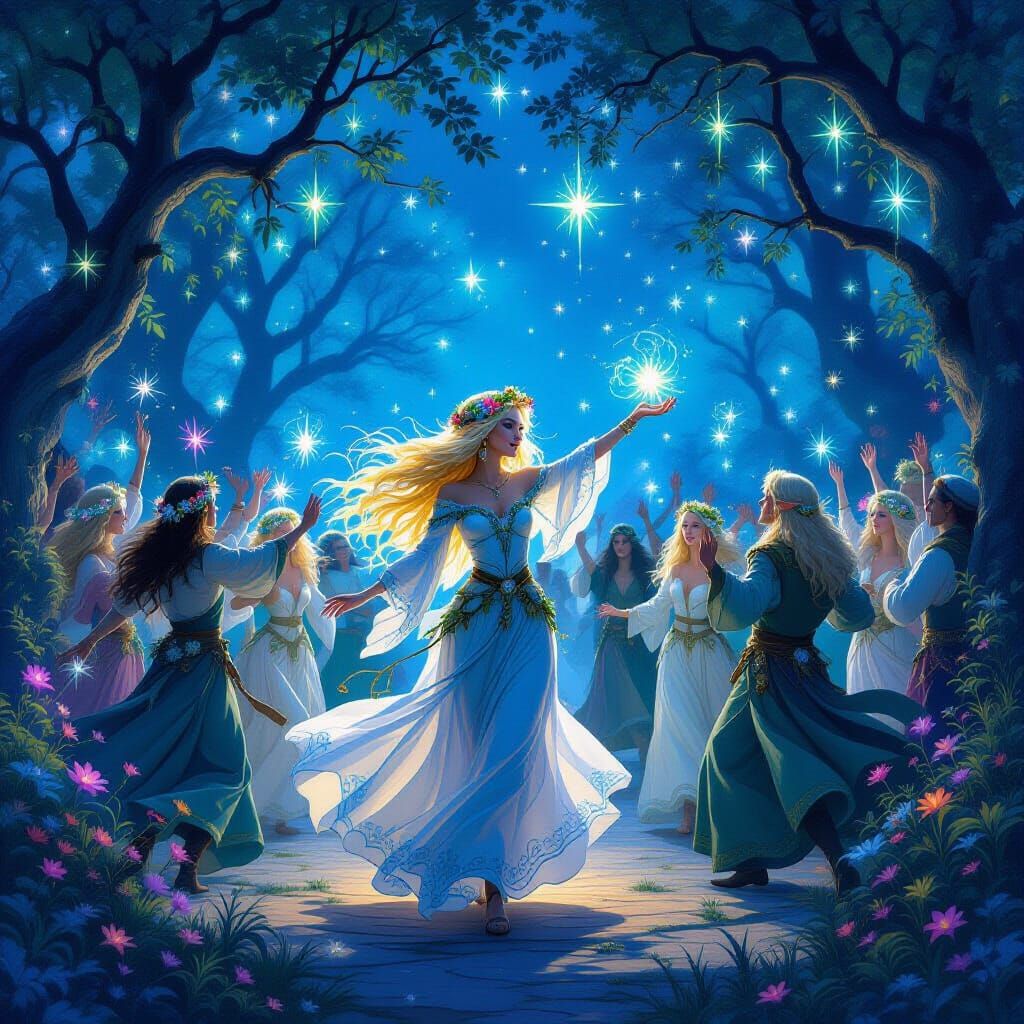 Elven Celebration at Twilight: Bioluminescent Flora and Danc...