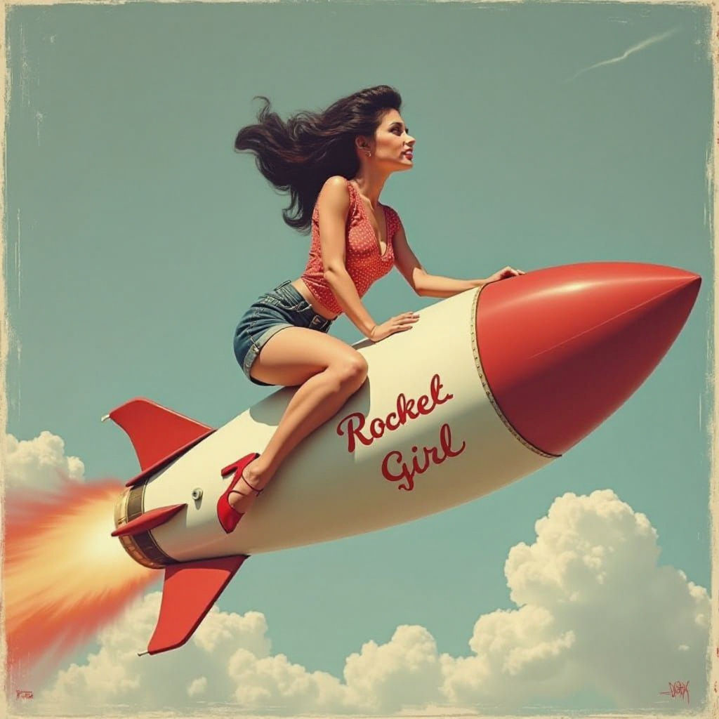 1950s Pinup Girl Rides Rocket Ship
