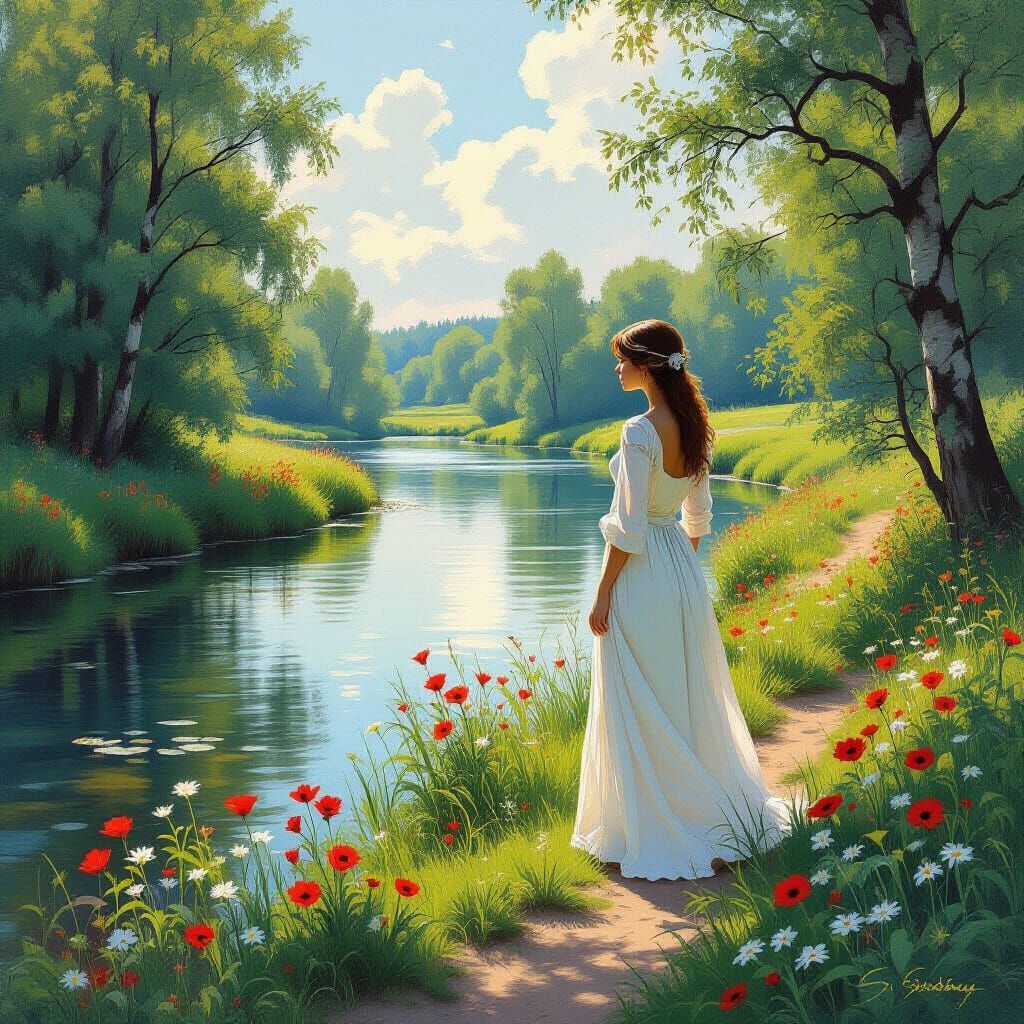 Woman by River in Classical Realism Style