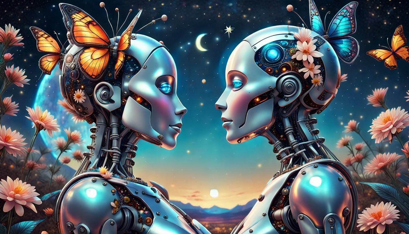 Romantic Robots Dancing on the Moon in Astral Art