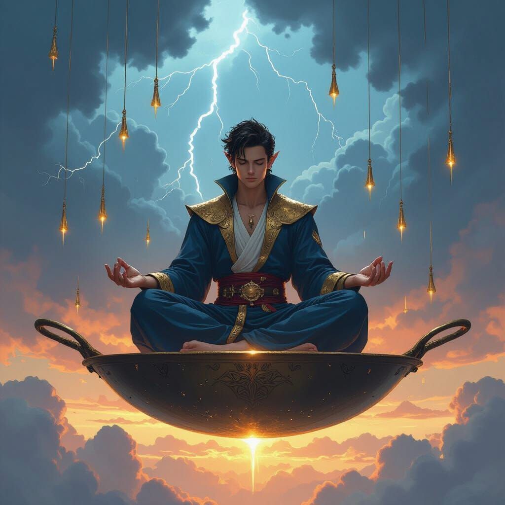 Meditating Elf on Flying Pan in Fantasy Illustration