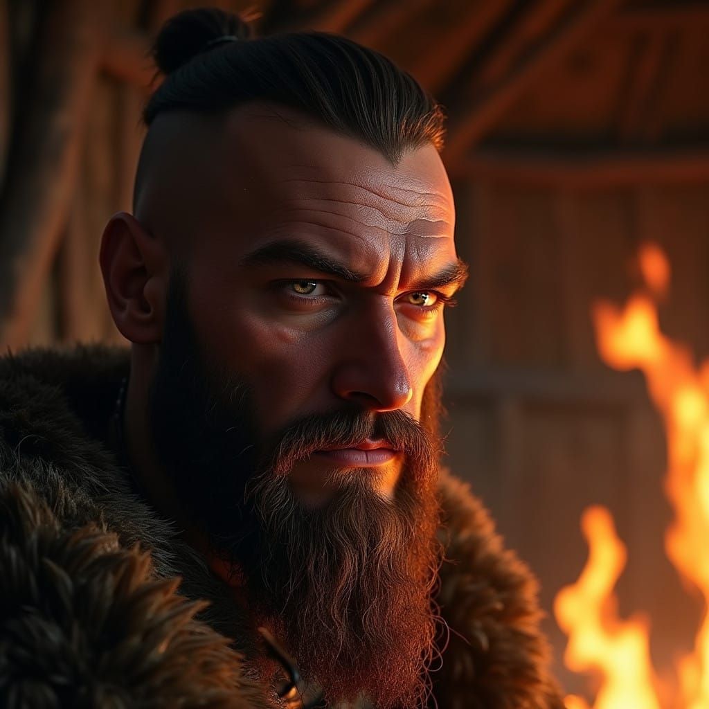 Viking Warrior Surrounded by Flames, in Realistic Style