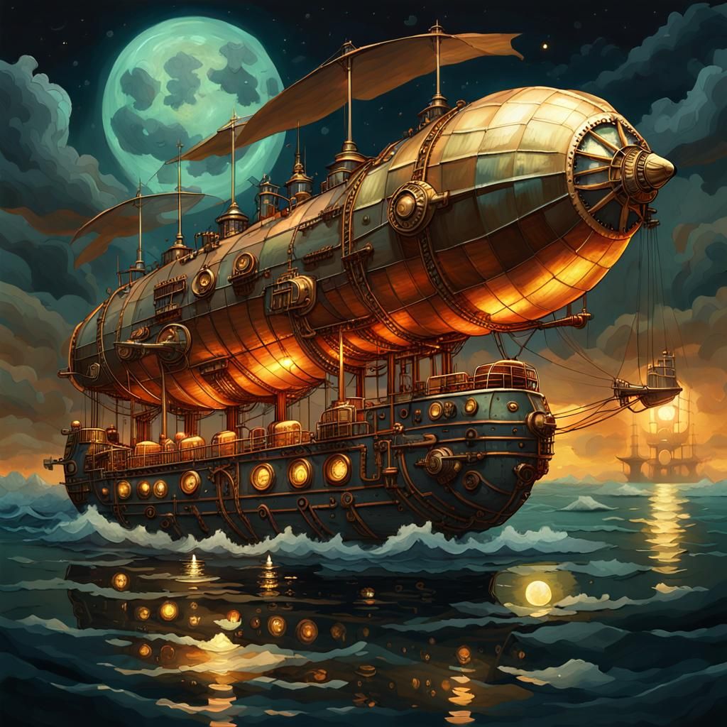 Steampunk Airship at Sea in Baroque Sci-Fi Style