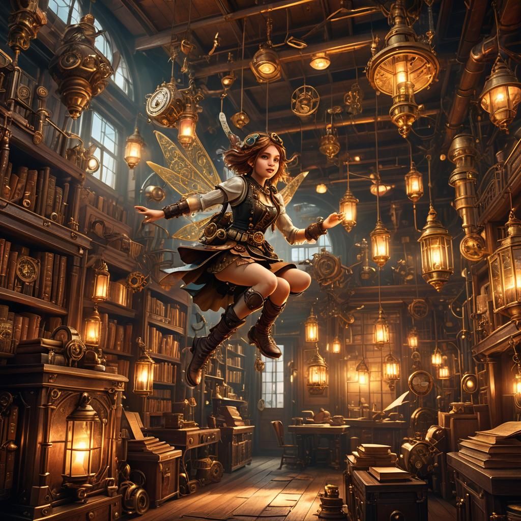 Pixie Fairies Flying in Steampunk Room