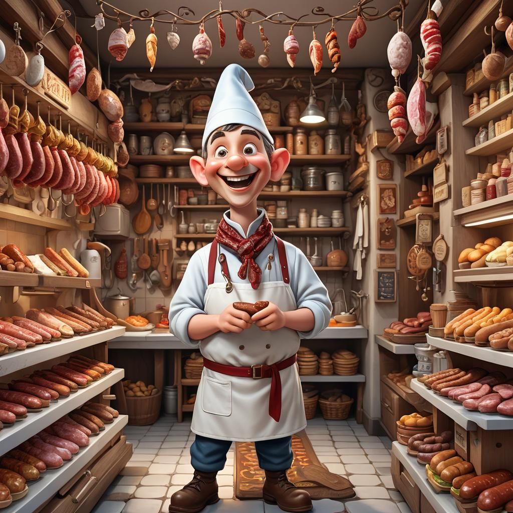Cheerful Gnome Butcher in Miniature Shop